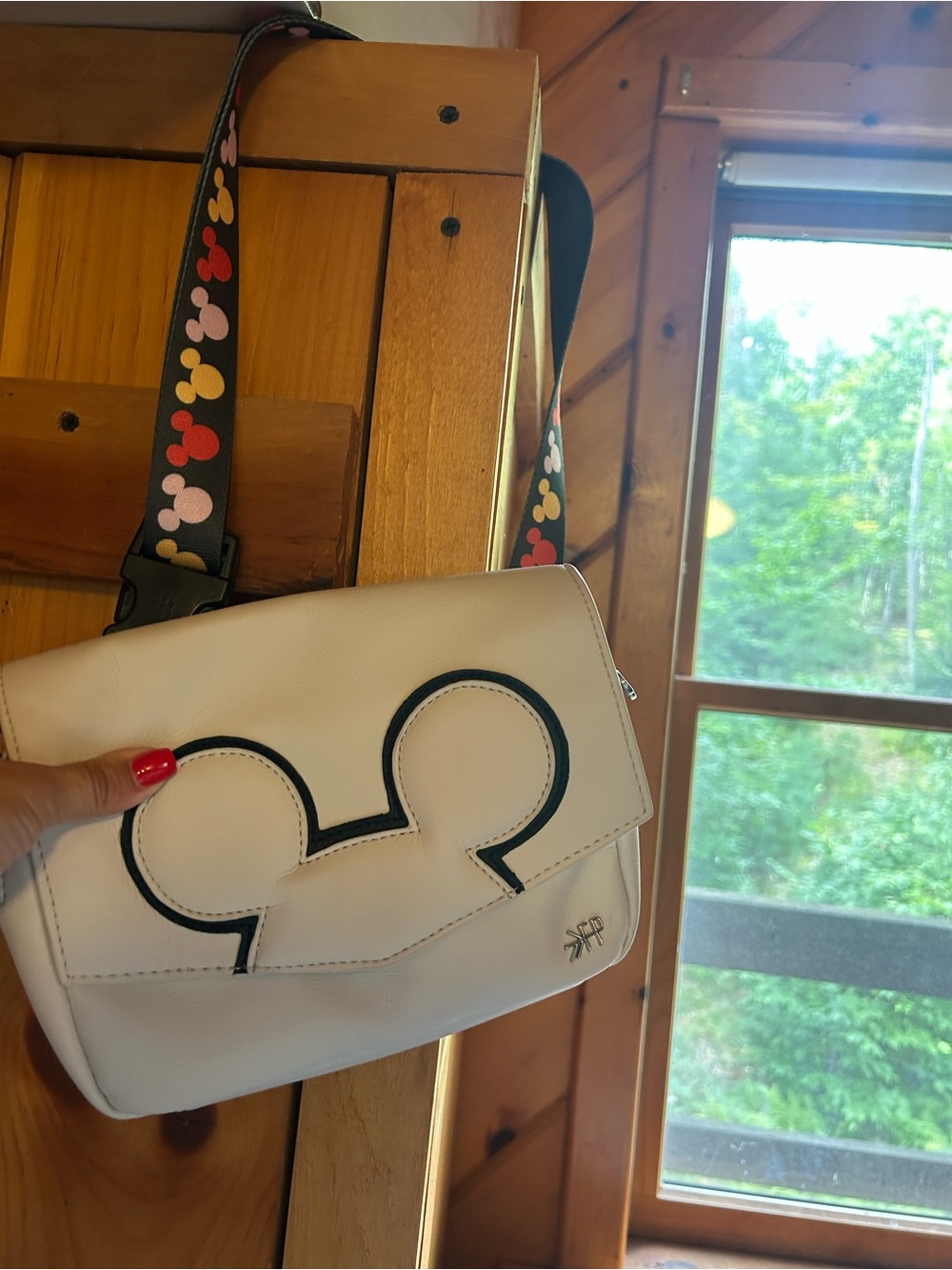 Freshly Picked White Crossbody Bag with Mickey Accent and Patterned Strap